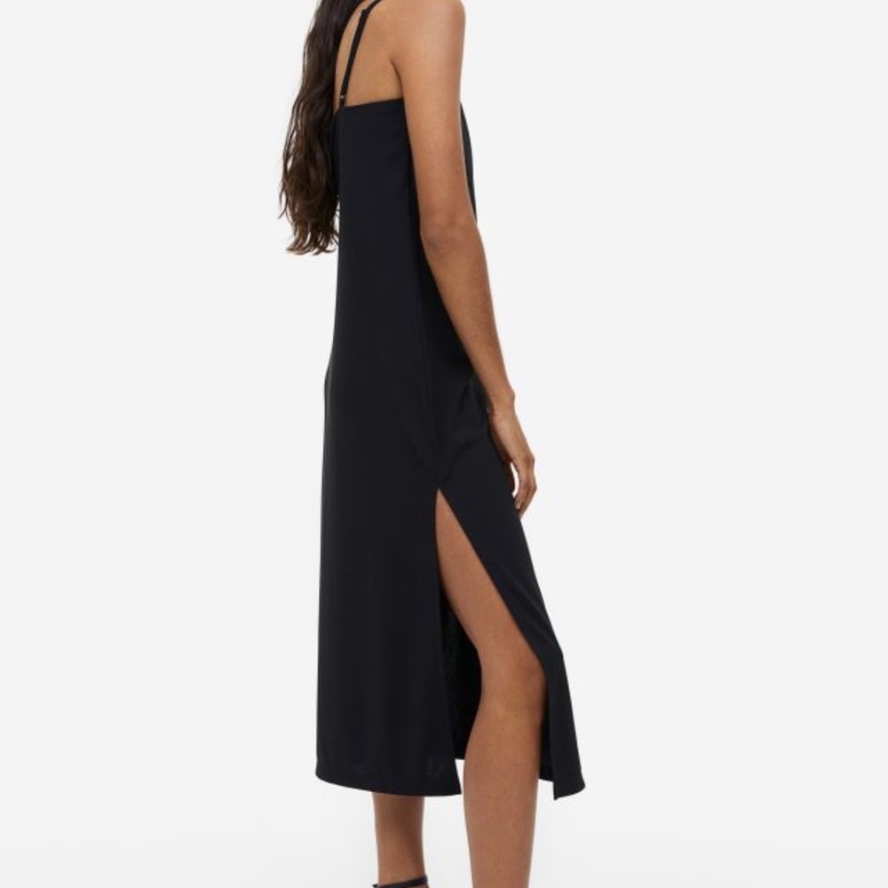 NWT H & M draped neckline open back silky satin slit midi spaghetti strap dress